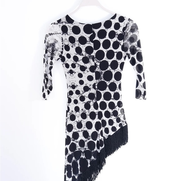 VINTAGE black and white POLKA DOT AND FRINGE ASYMMETRICAL DRESS - X-SMALL - Picture 8 of 8